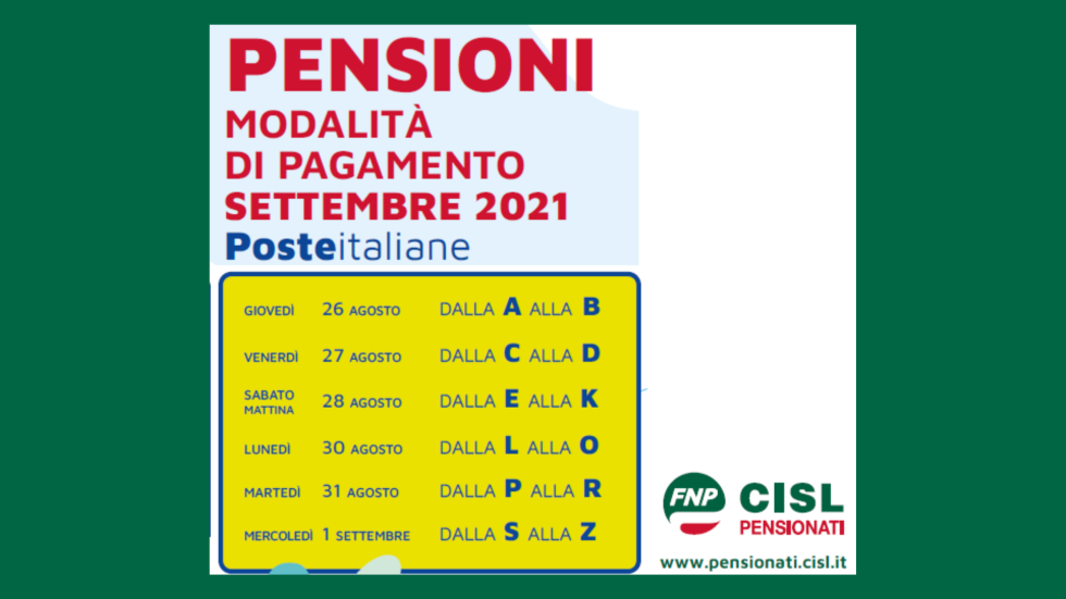 Pagamento anticipato delle pensioni Inps presso Poste Italiane mensilità di settembre 2021